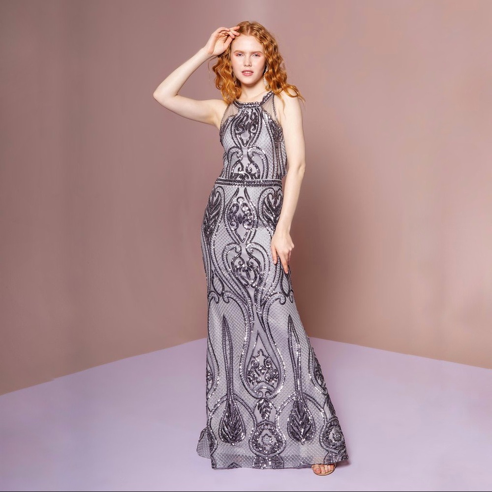Elizabeth K Sequin High Neckline Evening Dress